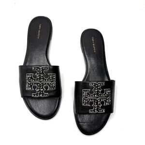 NEW NWT Tory Burch Everly Leather Embellished Crystal Accent Logo Slide Size 9